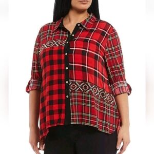 Calessa Red Plaid Button Front Shirt, Sz 2X